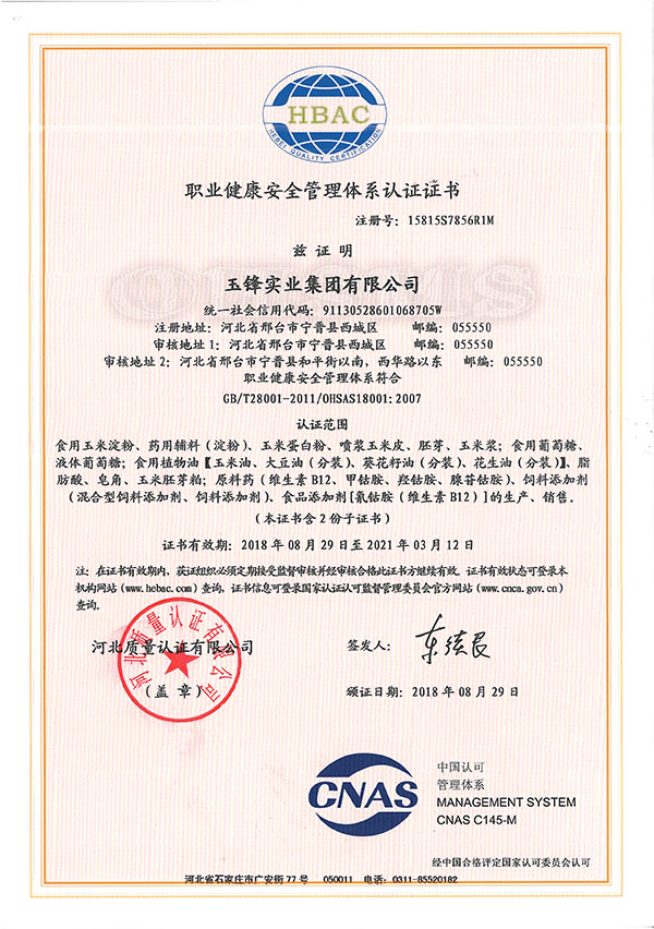 职业健康安全管理体系认证证书